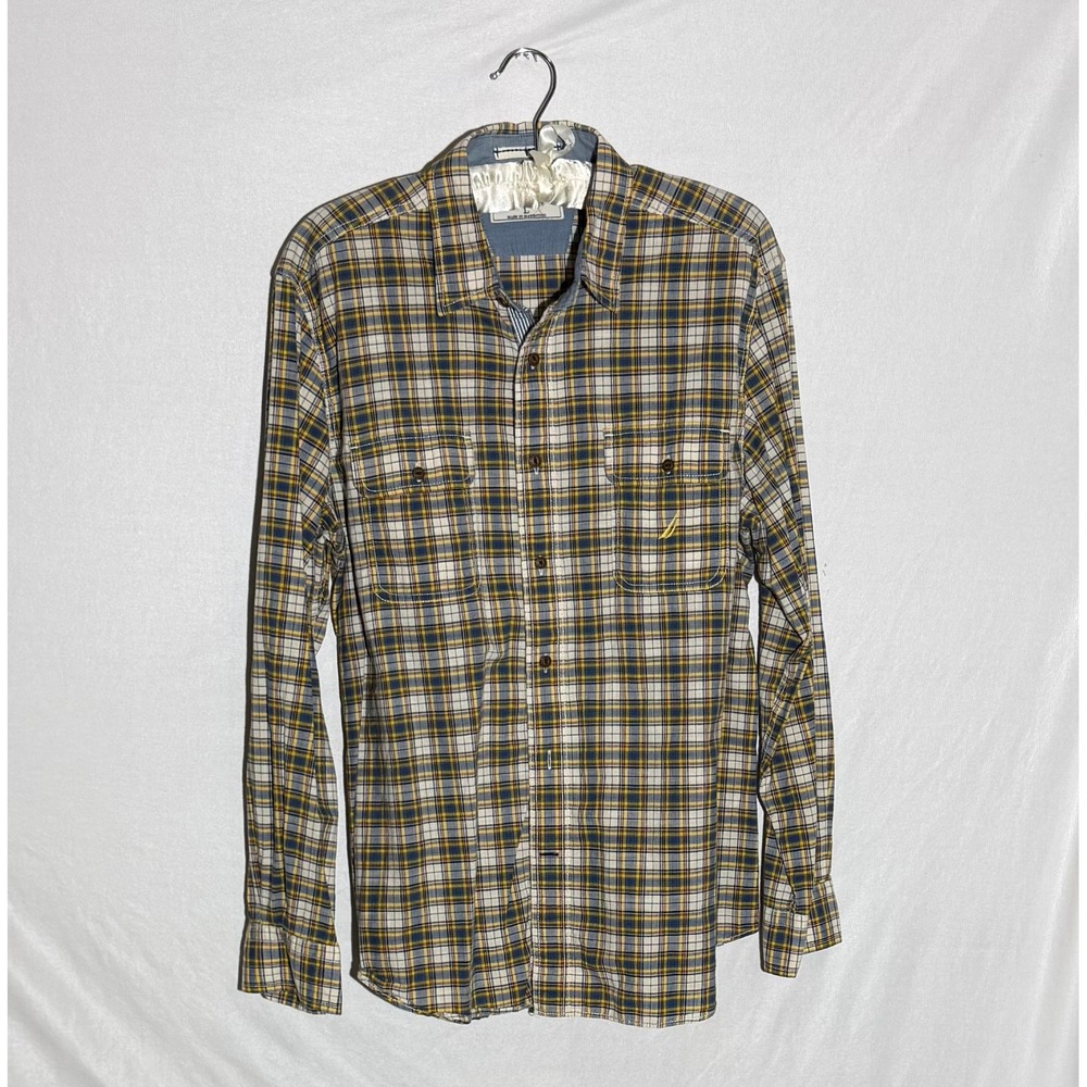 Nautica Mens Large Plaid Button Down Shirt Blue‎ Yellow Cotton Long Sleeve L